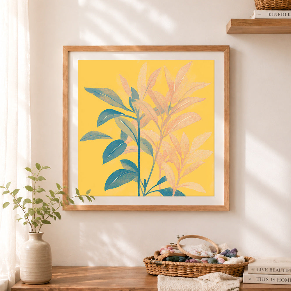 Finished muted tones leaf botanical print cross stitch artwork displayed as home decor