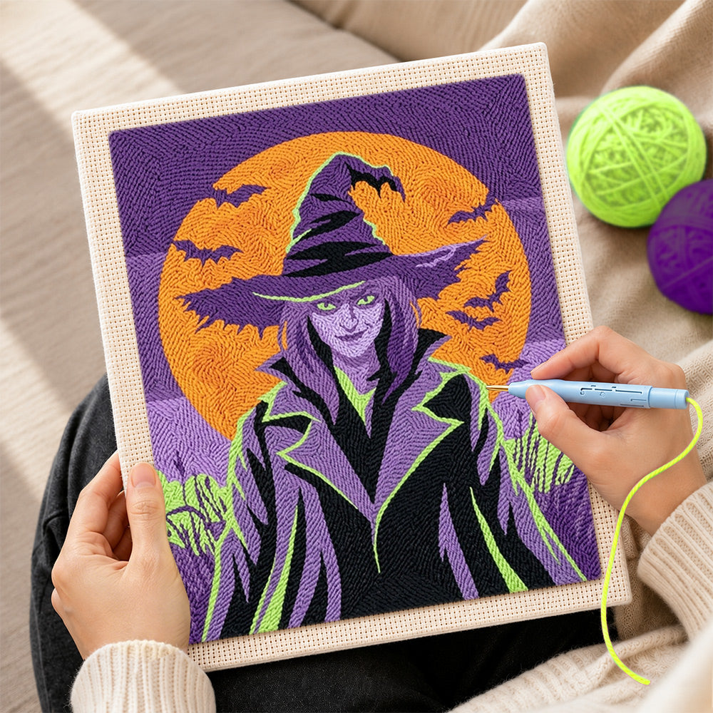 Creating handmade mysterious halloween witch punch needle artwork