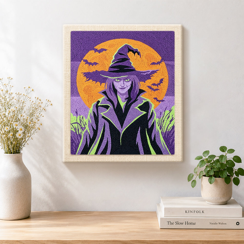 Finished mysterious halloween witch artwork displayed on a wall