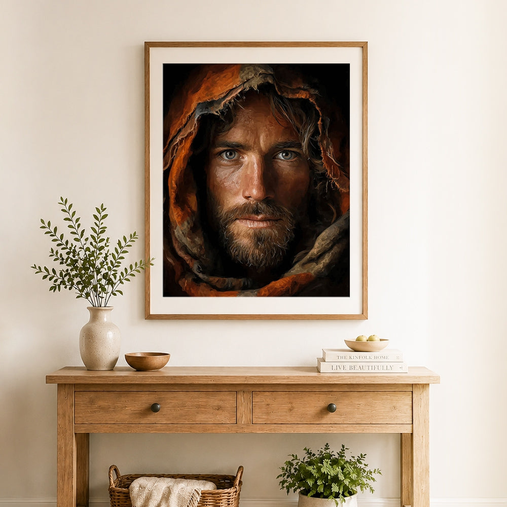 Finished mysterious hooded man with blue eyes cross stitch artwork displayed as home decor
