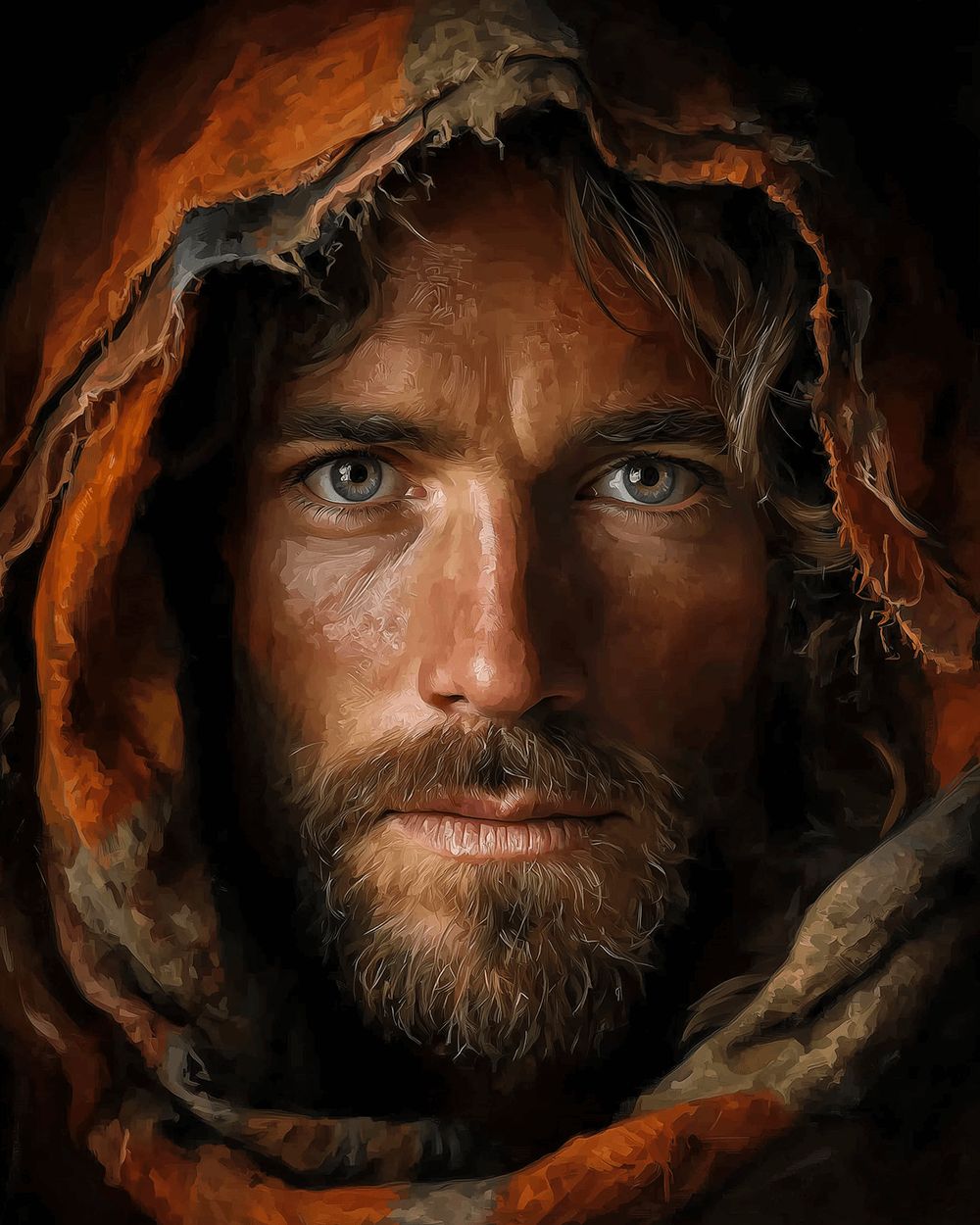 Mysterious hooded man with blue eyes cross stitch kit for beginners