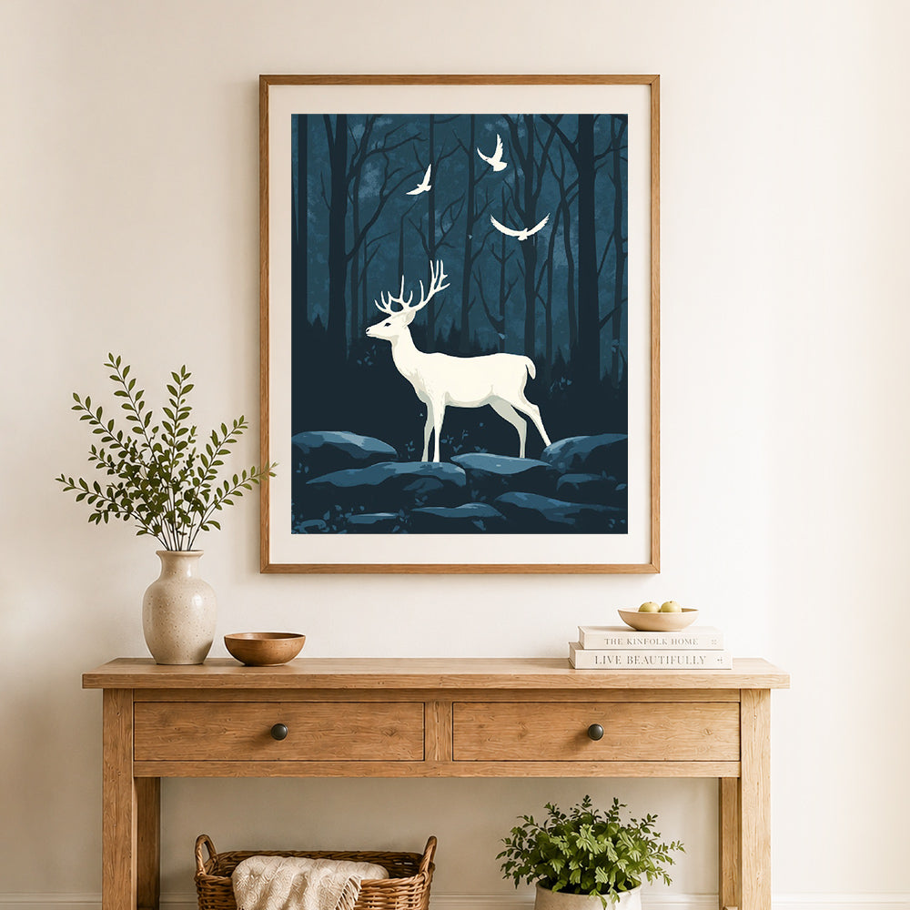 Finished mysterious white stag cross stitch artwork displayed as home decor