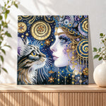 Finished mystery lady and cat pearl diamond painting artwork displayed as holiday home decor