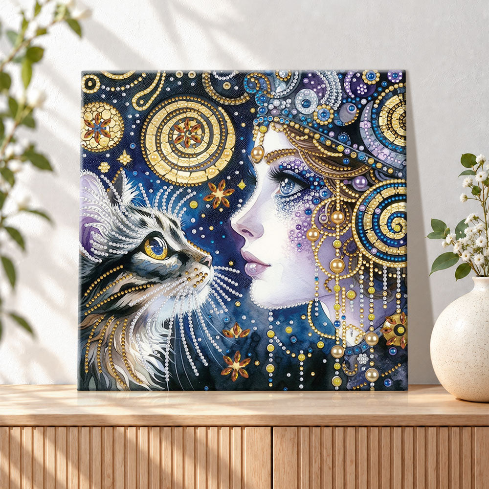 Finished mystery lady and cat pearl diamond painting artwork displayed as holiday home decor