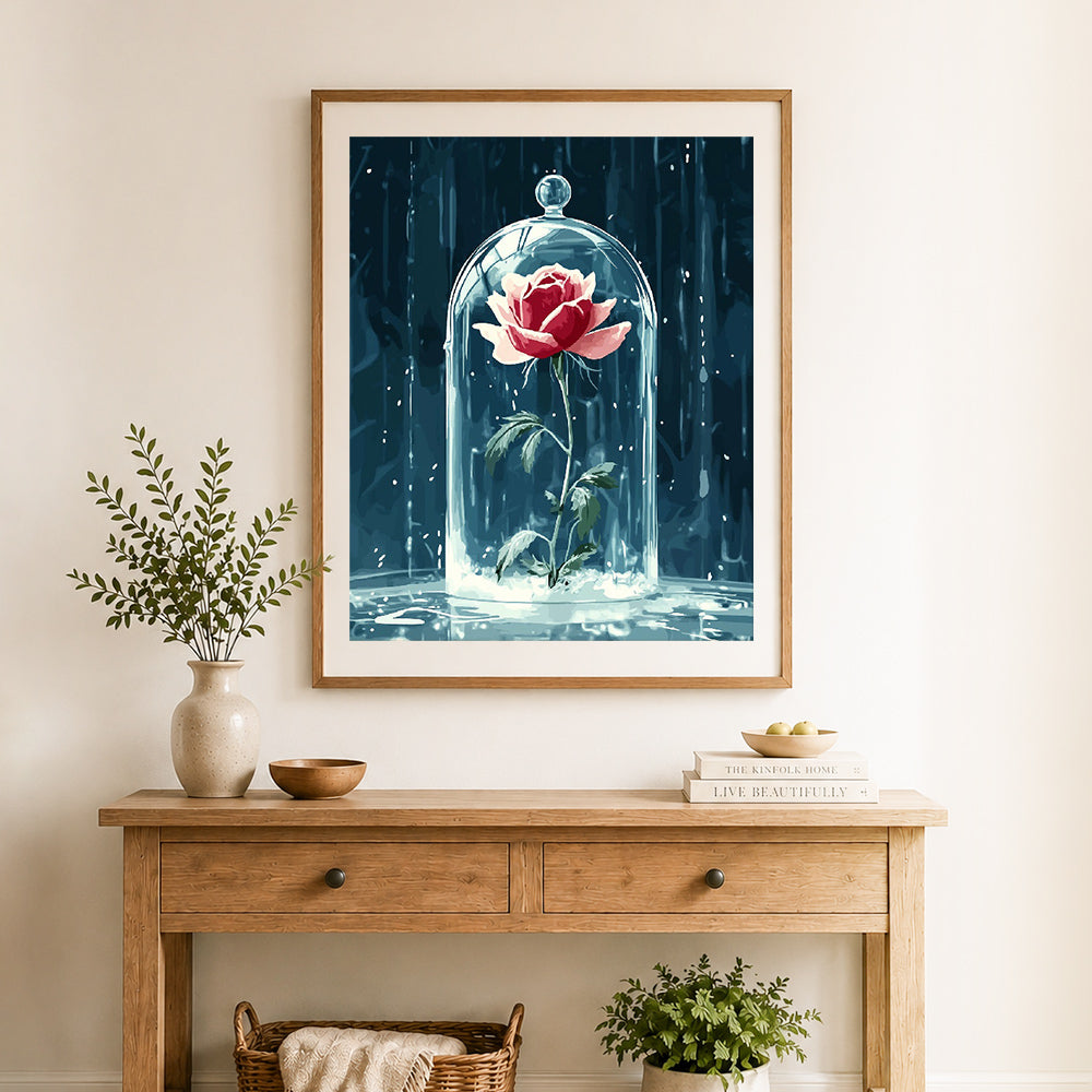 Finished mystic glass rose cross stitch artwork displayed as home decor