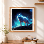 Finished mystic mountain white wolf cross stitch artwork displayed as home decor