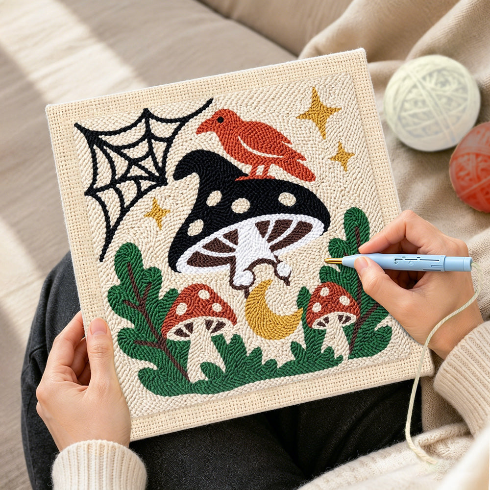 Creating handmade mystic raven mushroom punch needle artwork