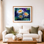 Finished mystic water lilies cross stitch artwork displayed as home decor