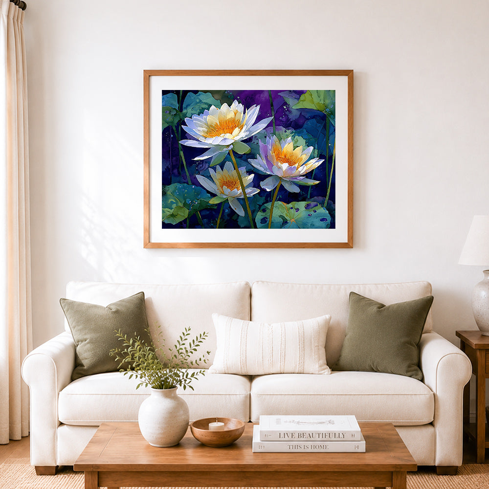 Finished mystic water lilies cross stitch artwork displayed as home decor