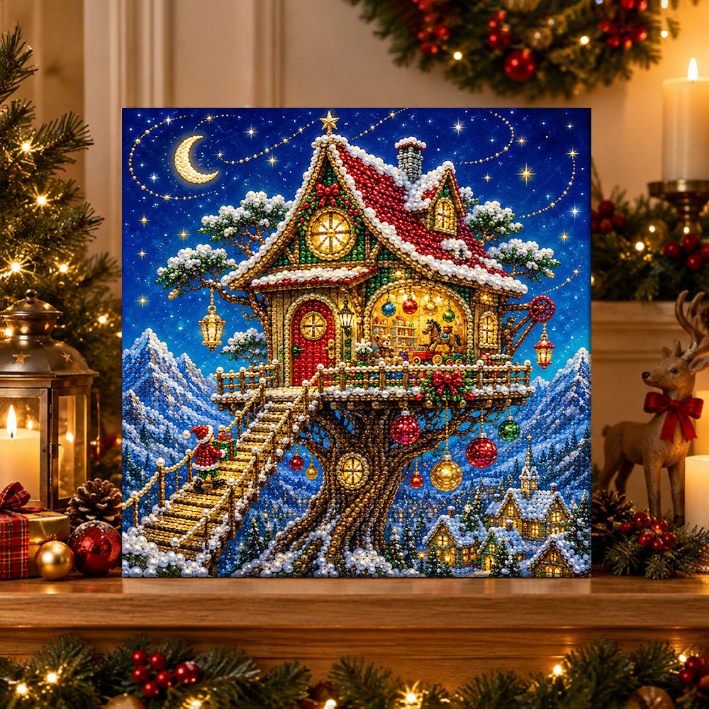 Finished mystical christmas treehouse pearl diamond painting artwork displayed as holiday home decor