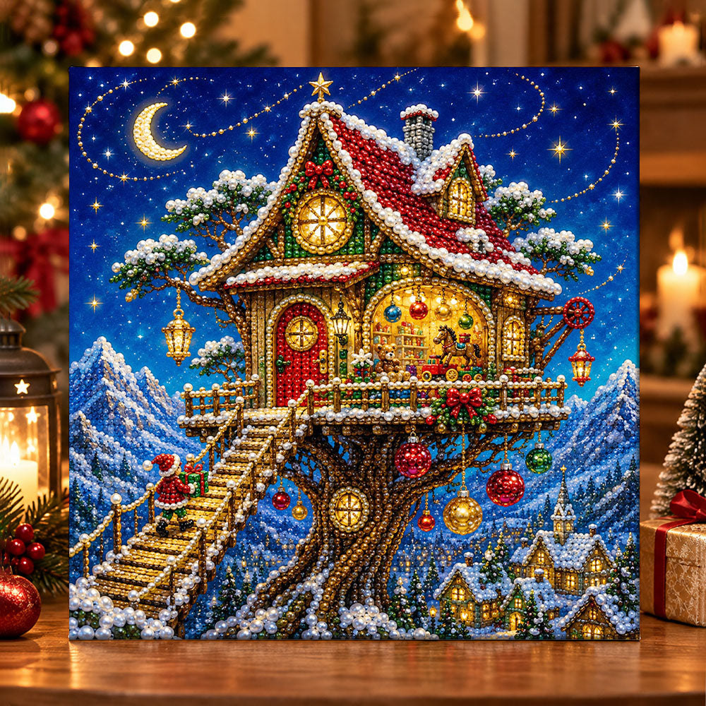 Mystical christmas treehouse pearl diamond painting kit for beginners