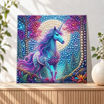 Finished mystical forest unicorn under moonlight pearl diamond painting artwork displayed as holiday home decor