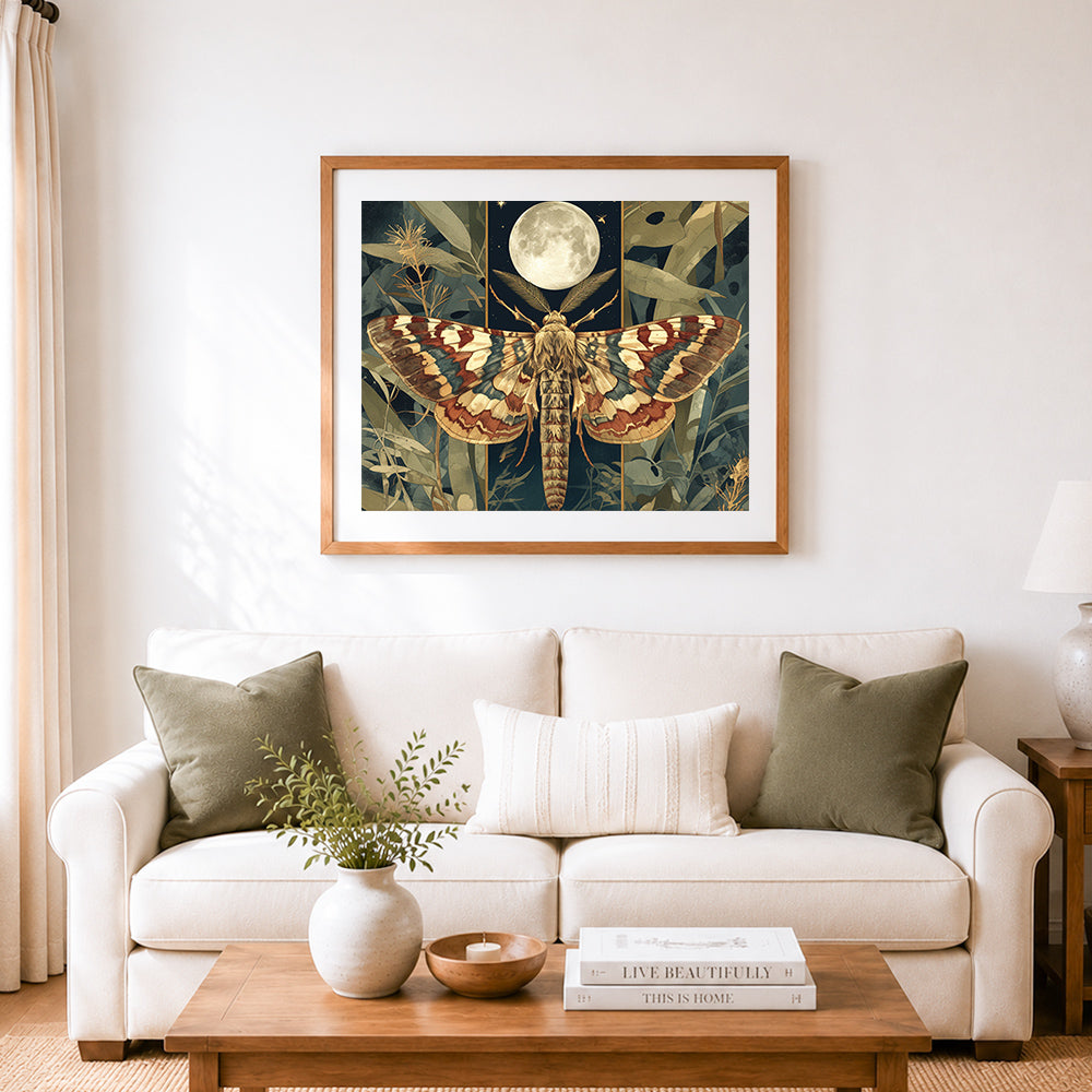 Finished mystical moth under the full moon cross stitch artwork displayed as home decor