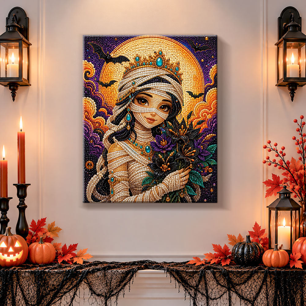 Finished mystical mummy princess pearl diamond painting artwork displayed as holiday home decor