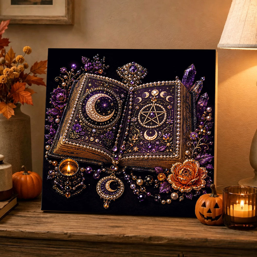 Finished mystical spell book pearl diamond painting artwork displayed as holiday home decor