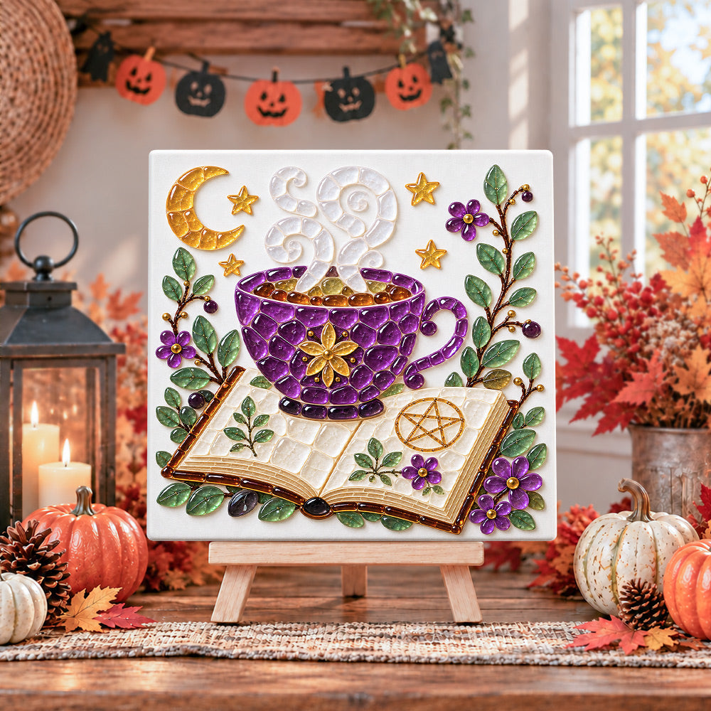 Mystical teacup sea glass art kit displayed as seasonal home decor