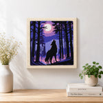Finished mystical wolf howling at the moon artwork displayed on a wall