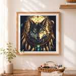 Finished mystical wolf with dreamcatcher cross stitch artwork displayed as home decor