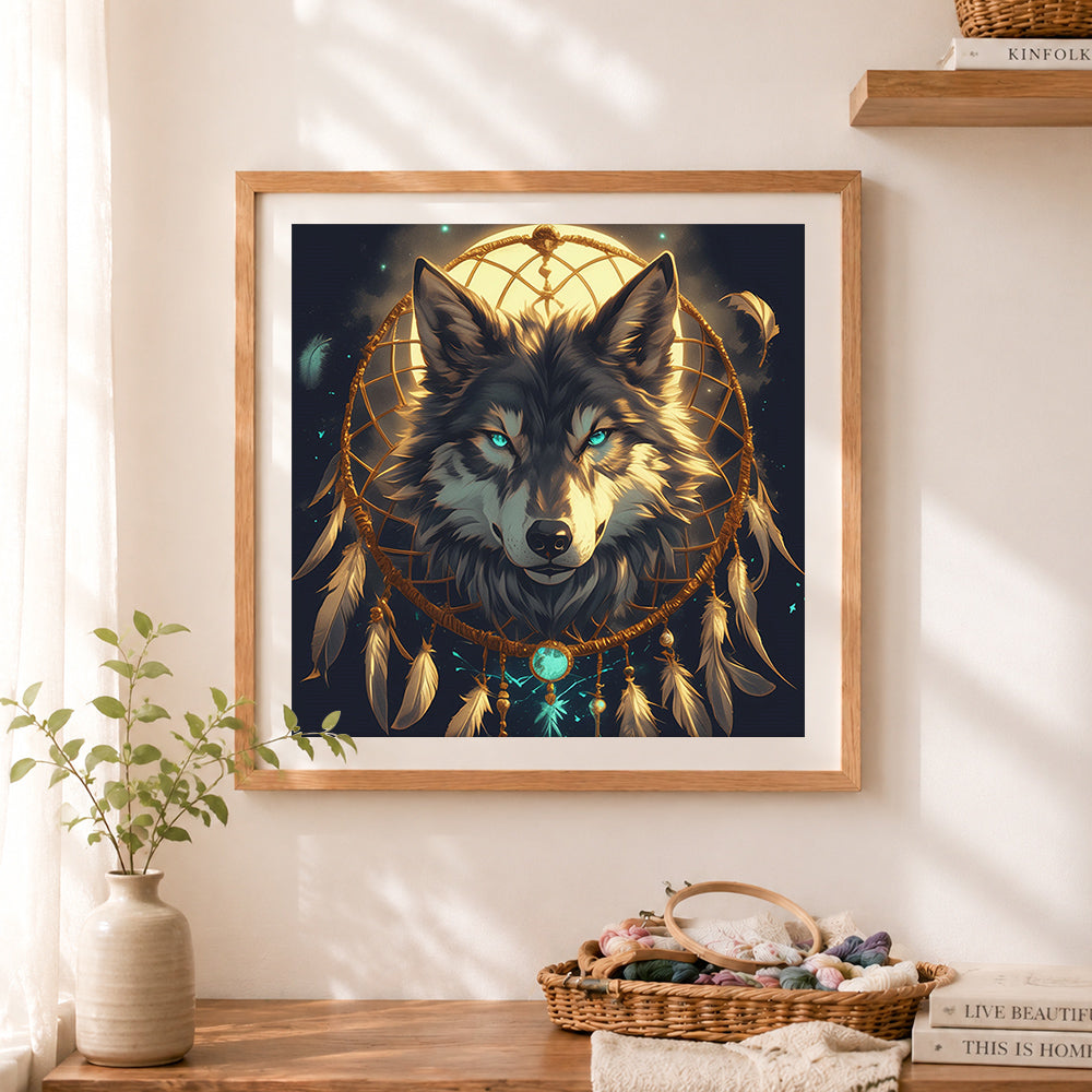 Finished mystical wolf with dreamcatcher cross stitch artwork displayed as home decor