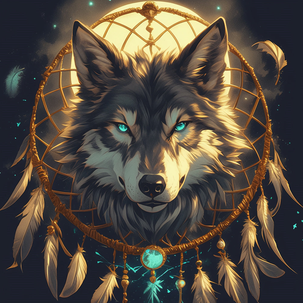 Mystical wolf with dreamcatcher cross stitch kit for beginners