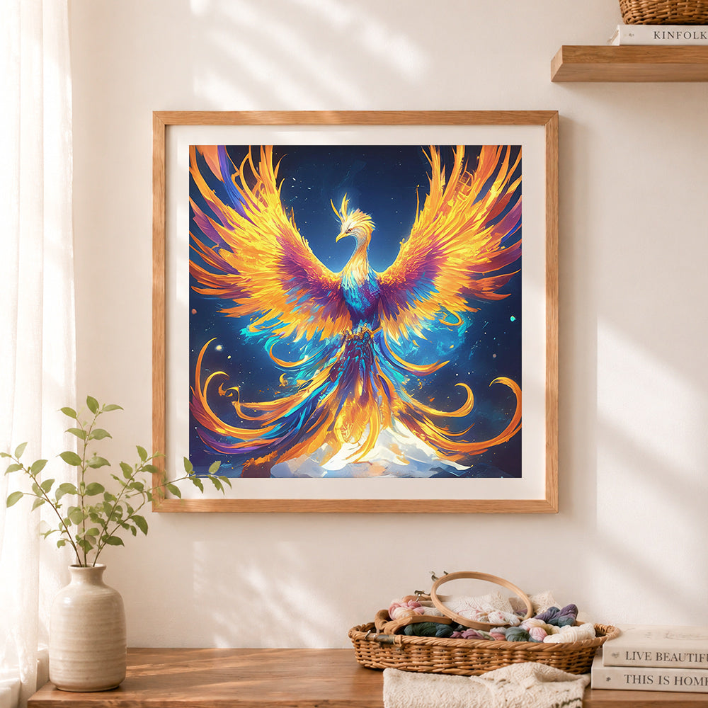 Finished mythical phoenix art cross stitch artwork displayed as home decor