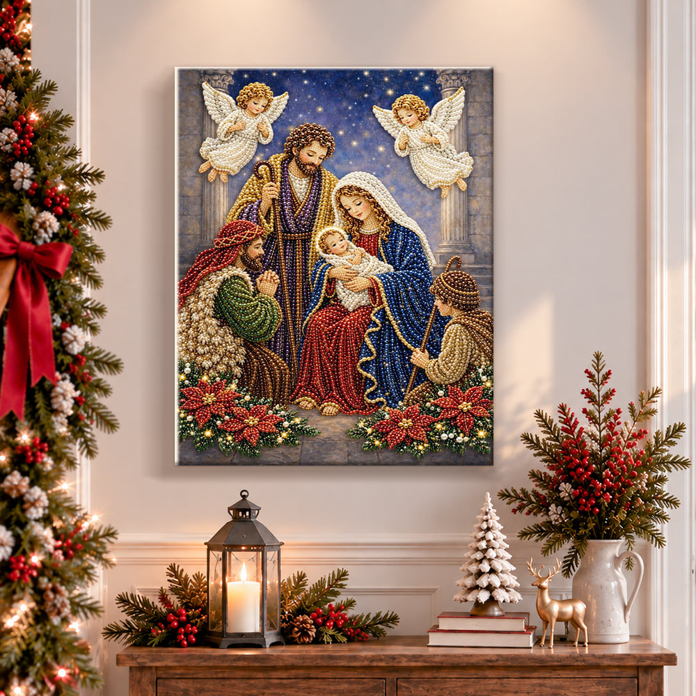 Finished nativity holy family scene pearl diamond painting artwork displayed as holiday home decor