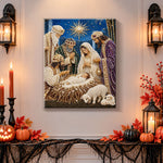Finished nativity scene starry night pearl diamond painting artwork displayed as holiday home decor