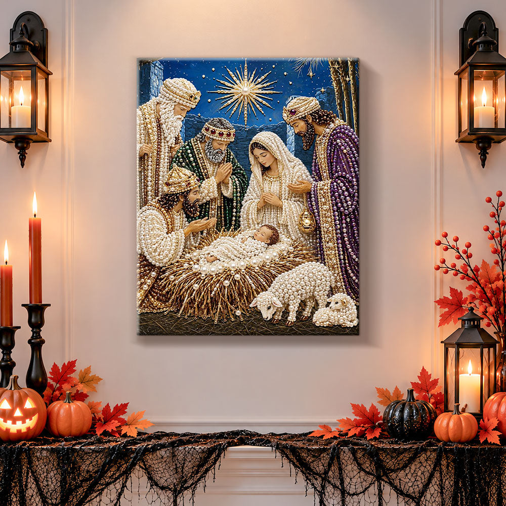 Finished nativity scene starry night pearl diamond painting artwork displayed as holiday home decor