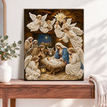 Finished nativity scene with angels pearl diamond painting artwork displayed as home decor