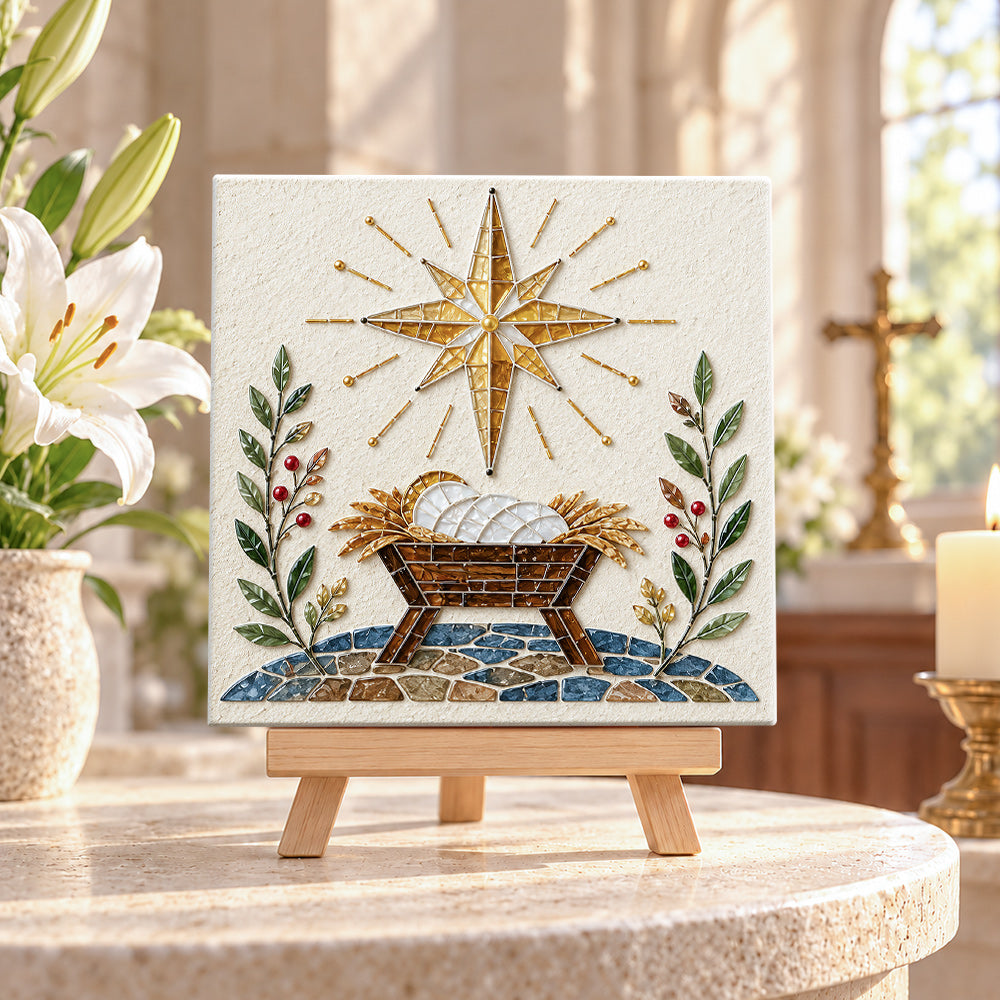 Nativity star sea glass art kit displayed as seasonal home decor