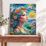Finished nature goddess glow pearl diamond painting artwork displayed as home decor