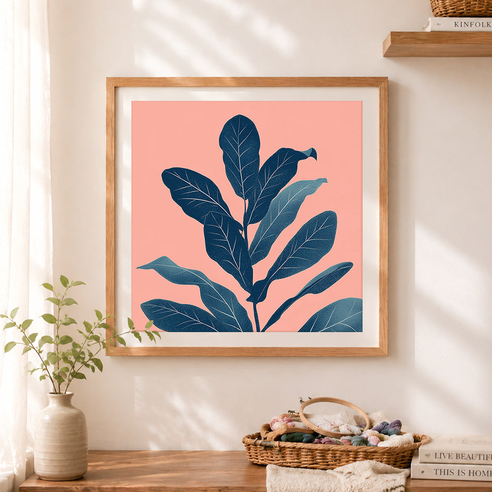 Finished navy blue foliage on pink background cross stitch artwork displayed as home decor
