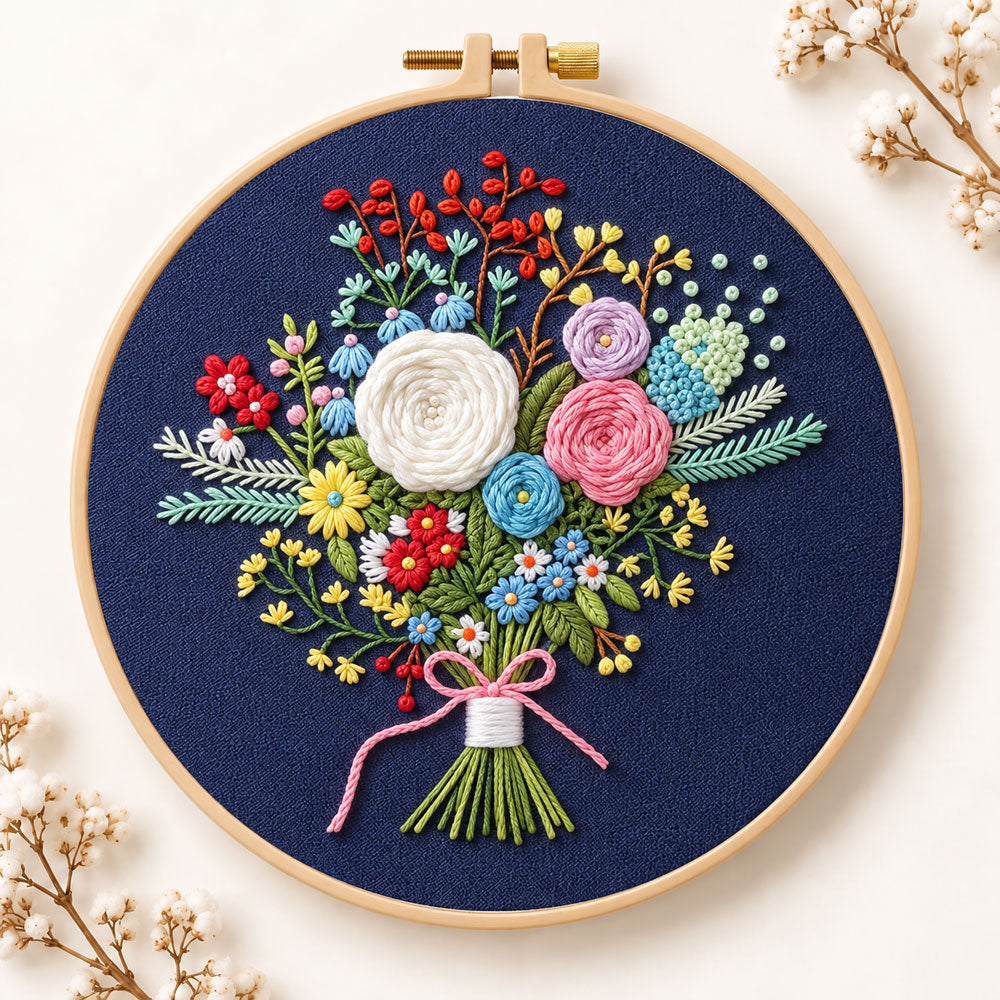Navy floral bouquet embroidery kit