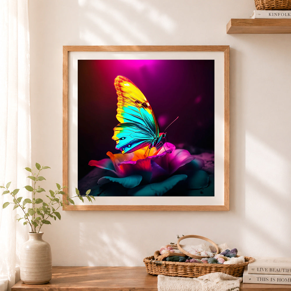 Finished neon butterfly cross stitch artwork displayed as home decor