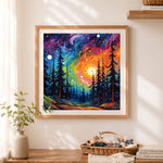 Finished neon cosmic forest cross stitch artwork displayed as home decor