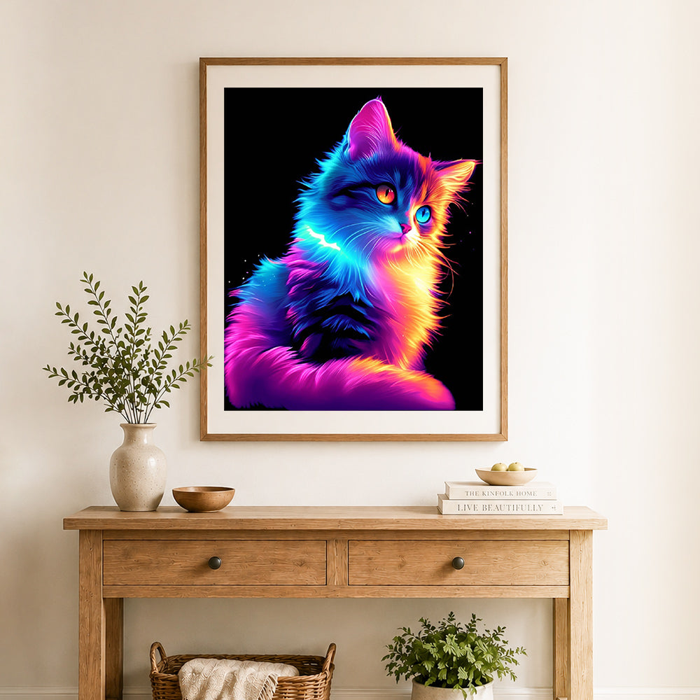 Finished neon fluffy kitten cross stitch artwork displayed as home decor