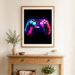Finished neon game controller cross stitch artwork displayed as home decor