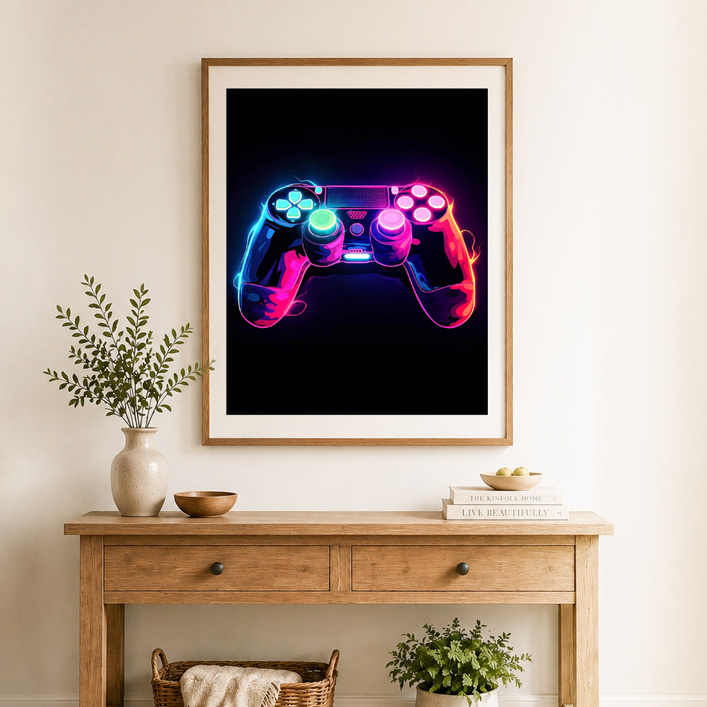 Finished neon game controller cross stitch artwork displayed as home decor