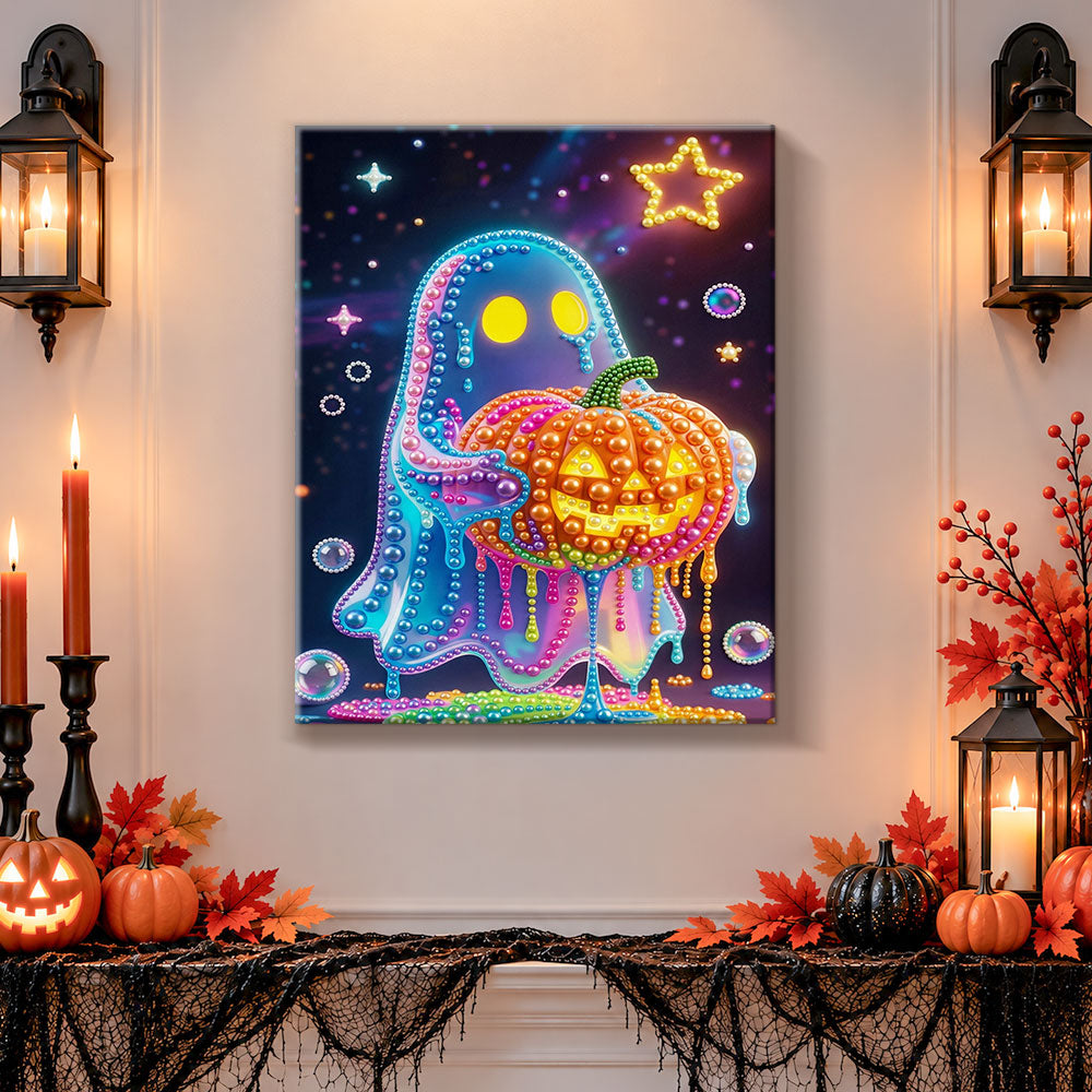 Finished neon ghost with jack‑o‑lantern pearl diamond painting artwork displayed as holiday home decor