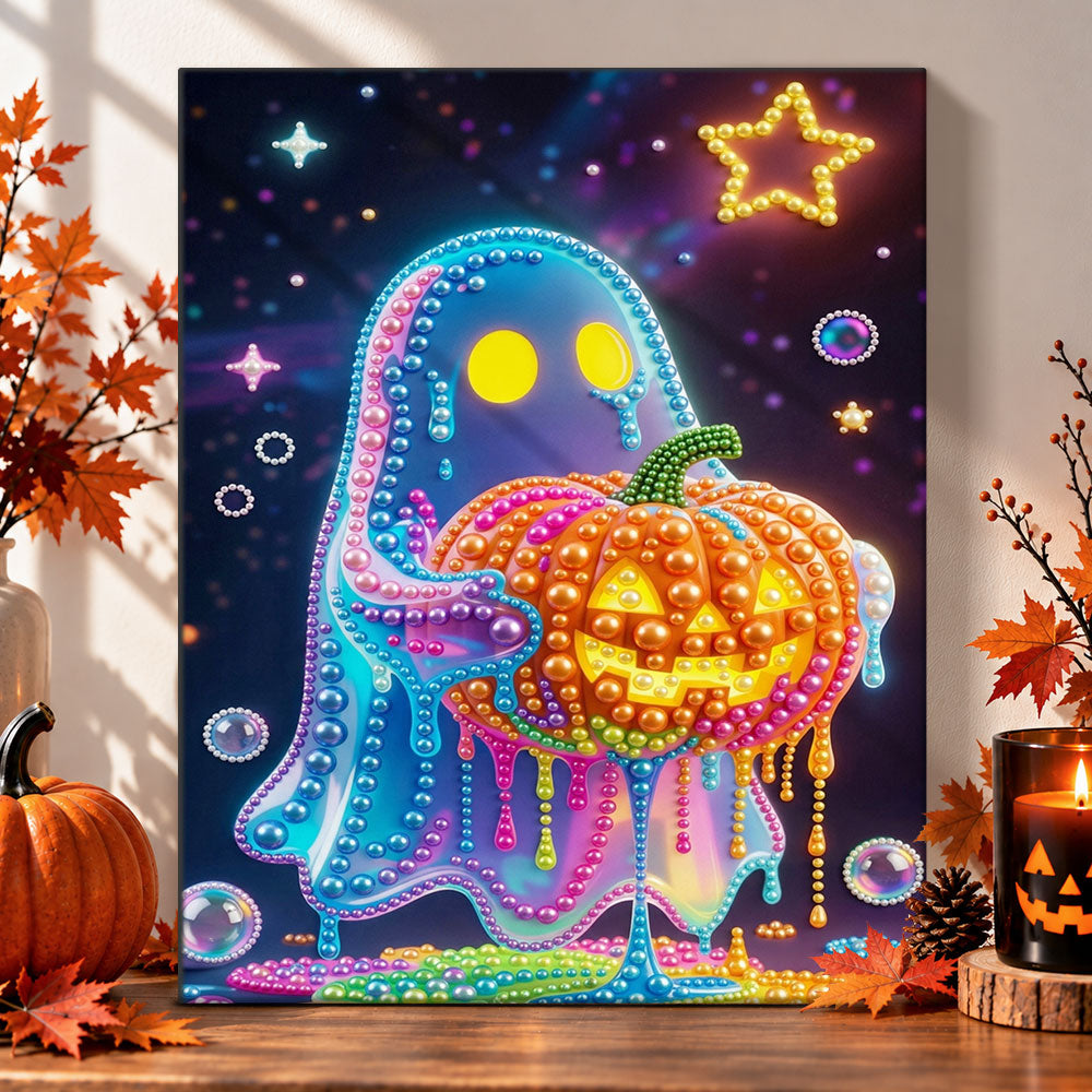 Neon ghost with jack‑o‑lantern pearl diamond painting kit for beginners