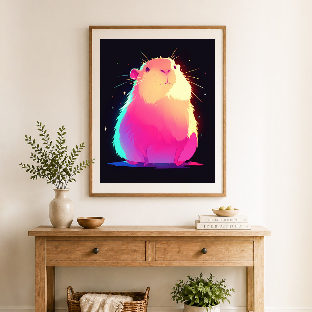 Finished neon glow capybara cross stitch artwork displayed as home decor