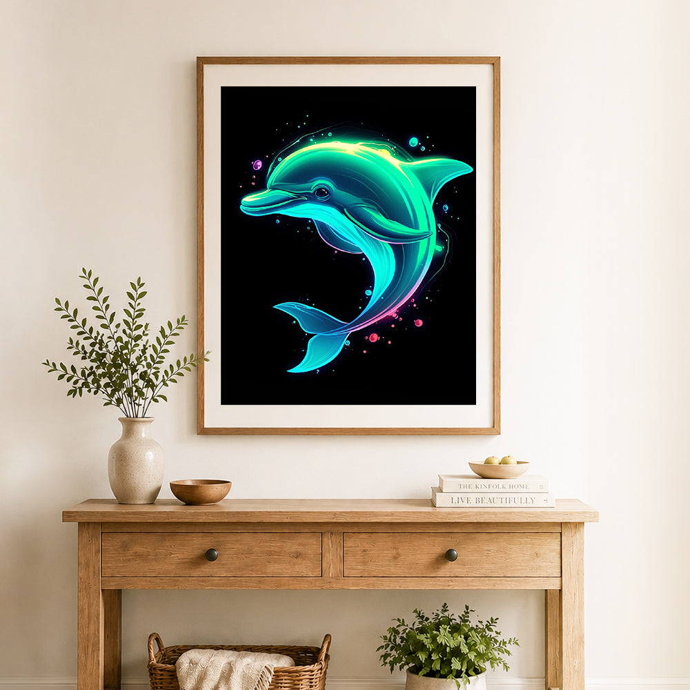 Finished neon glow dolphin cross stitch artwork displayed as home decor