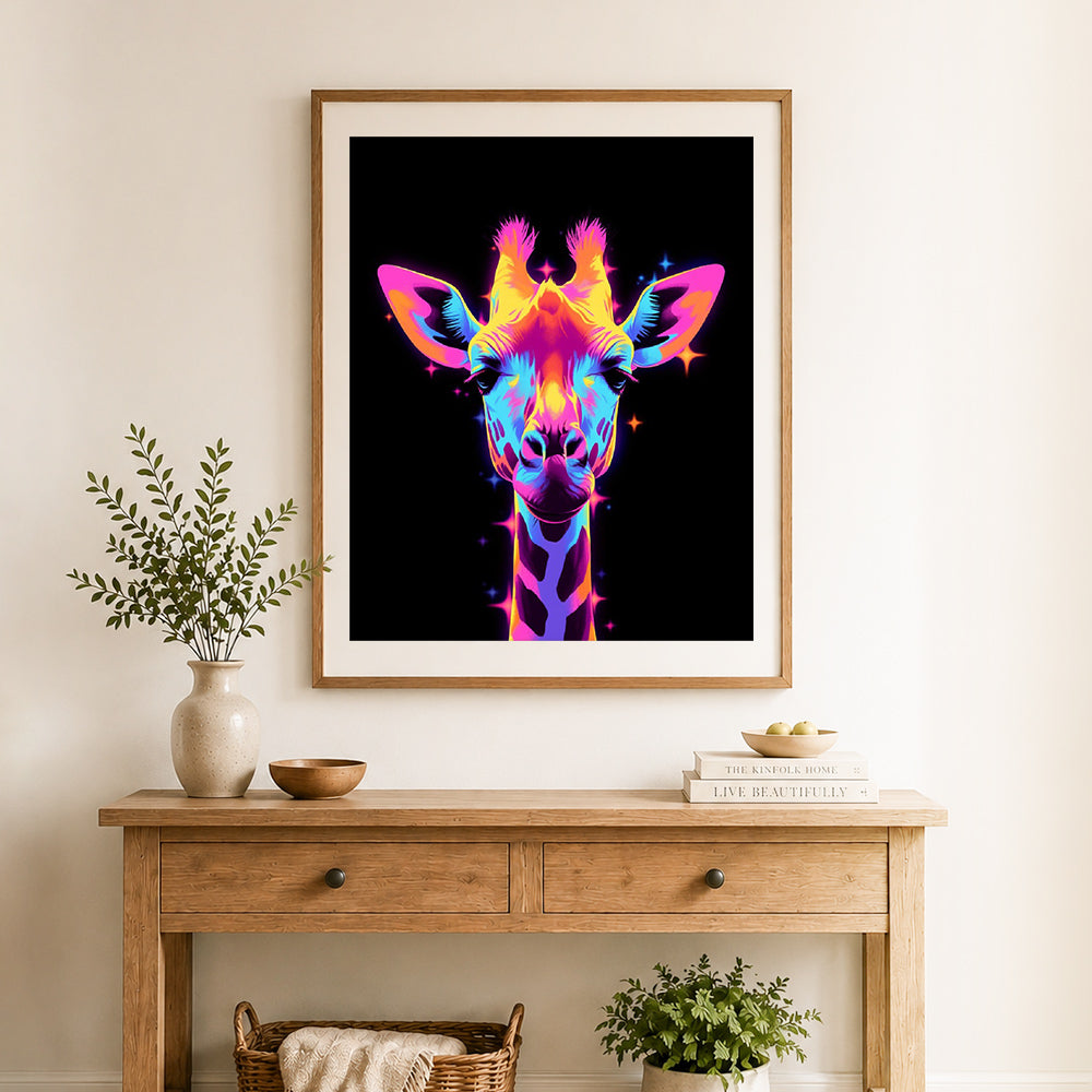 Finished neon glow giraffe cross stitch artwork displayed as home decor