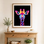 Finished neon glow giraffe cross stitch artwork displayed as home decor