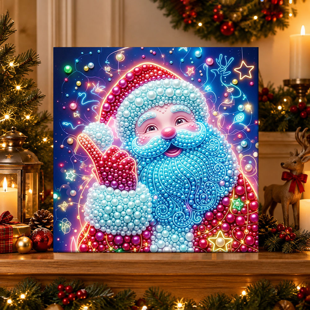 Finished neon glow santa pearl diamond painting artwork displayed as holiday home decor