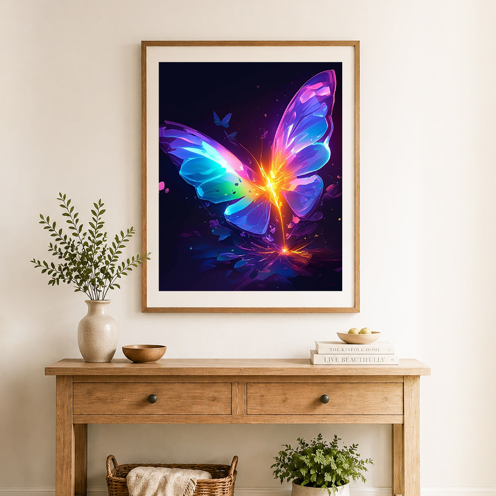 Finished neon glowing butterfly cross stitch artwork displayed as home decor