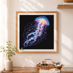 Finished neon glowing jellyfish art cross stitch artwork displayed as home decor