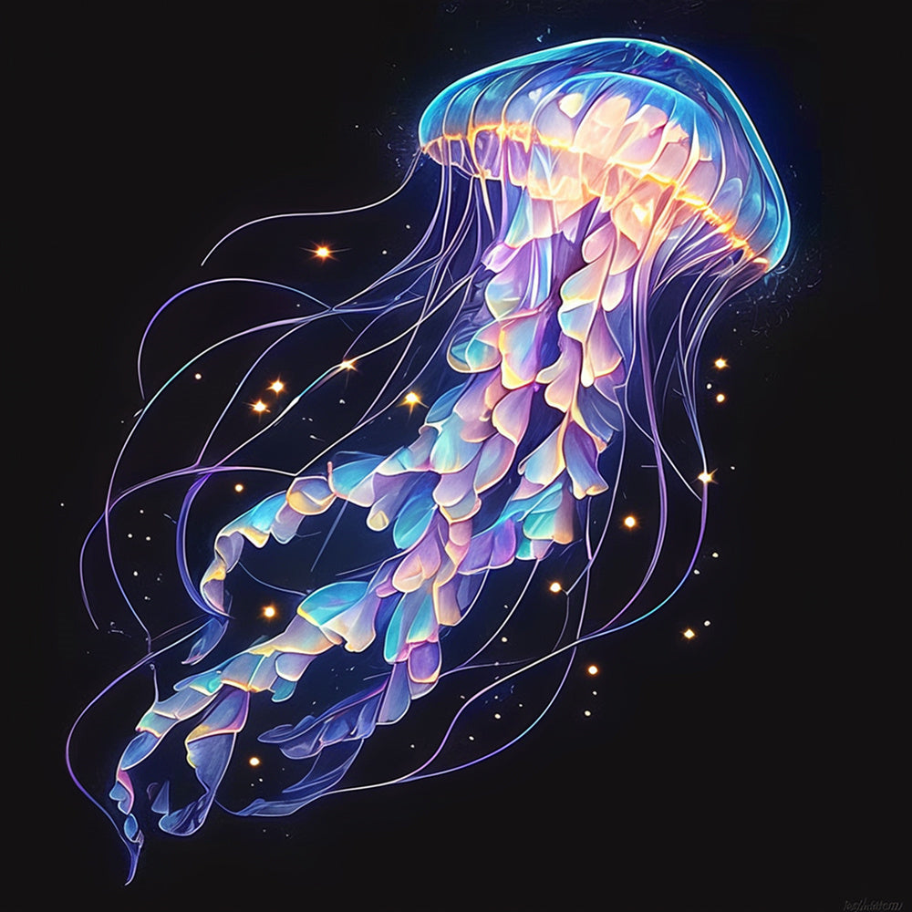 Neon glowing jellyfish art cross stitch kit for beginners