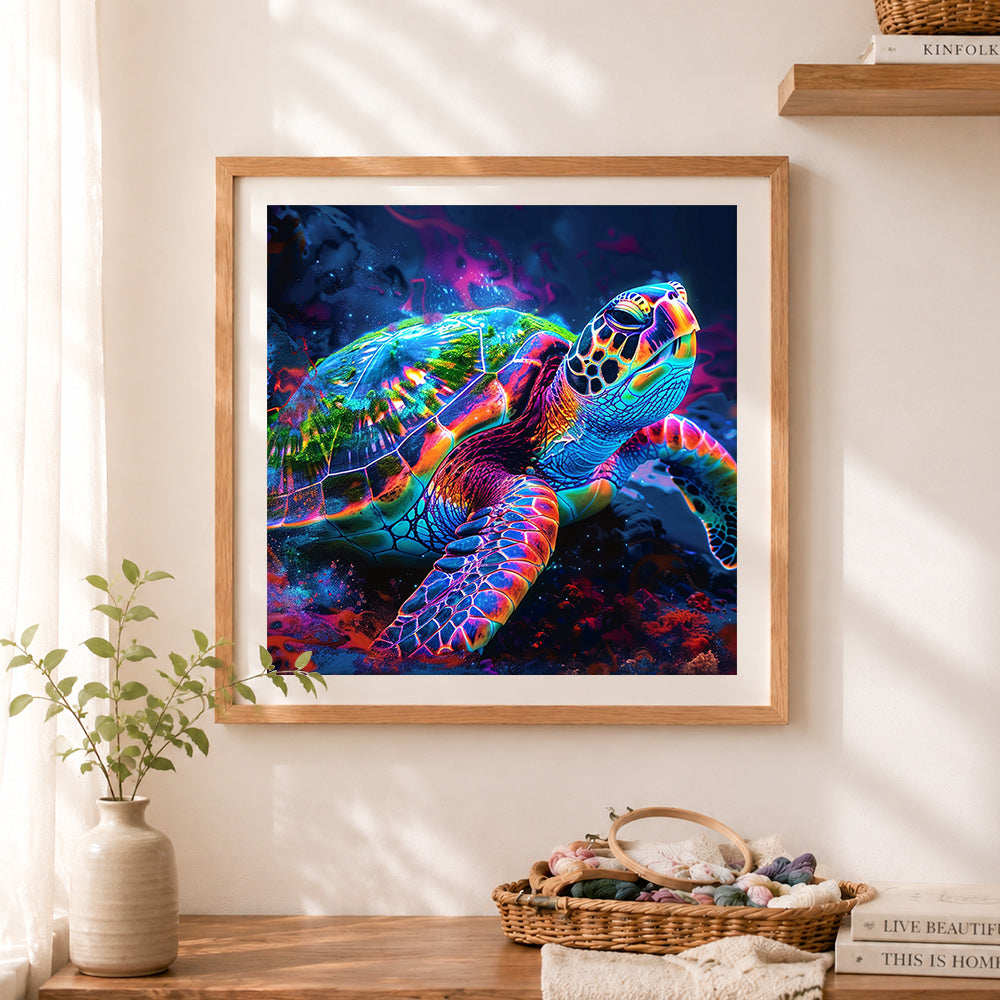 Finished neon glowing sea turtle cross stitch artwork displayed as home decor