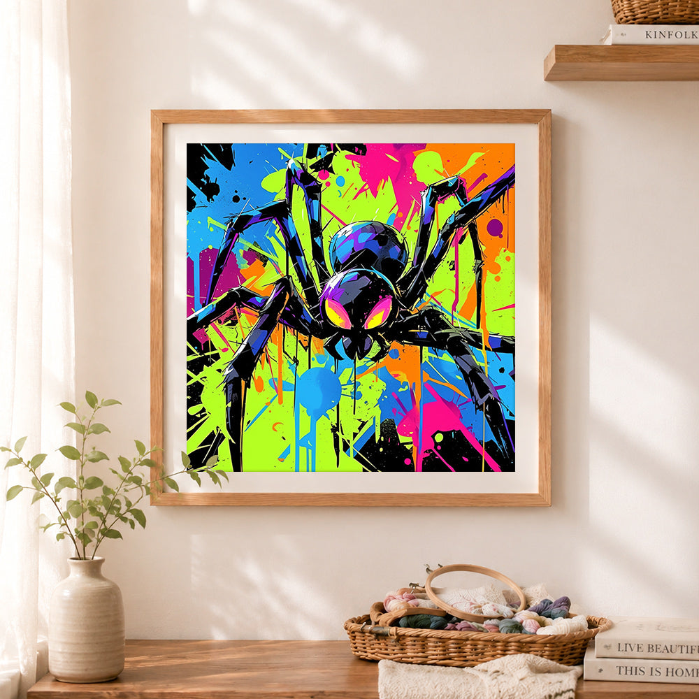 Finished neon graffiti spider cross stitch artwork displayed as home decor